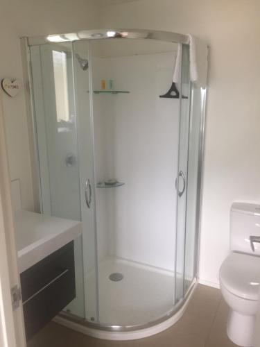 a bathroom with a shower and a toilet at RAGLAN - FULLY self contained 1 bedroom in Raglan