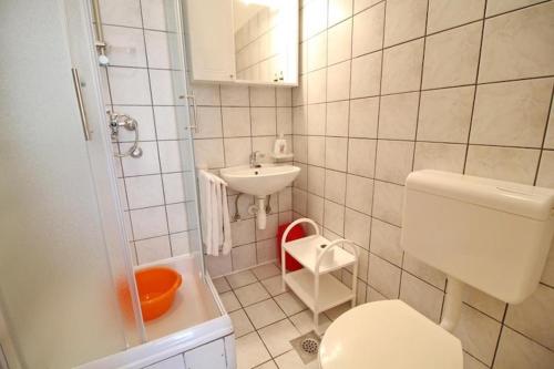 a small bathroom with a toilet and a sink at Apartments Neven - Studio Apartment with Terrace and Partial Sea View A3 in Drače