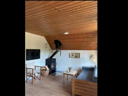 a living room with a couch and a fireplace at 6 person holiday home in Herning in Herning