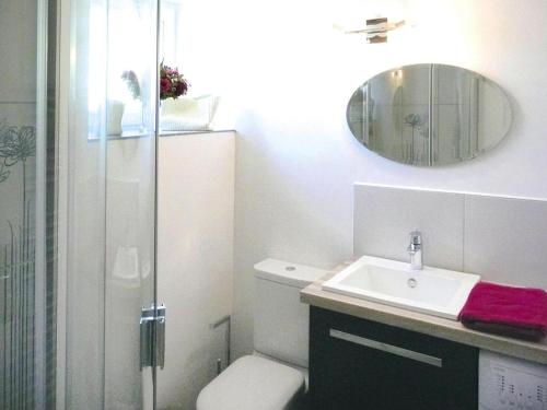 une salle de bain avec toilettes, lavabo et miroir dans l'établissement Stone House in Plougasnou near Sandy Beach, cleaning included, à Plougasnou