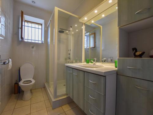 une salle de bain avec toilettes, lavabo et douche dans l'établissement Holiday Home in Loubejac near Dordogne Lake, cleaning included, à Loubejac