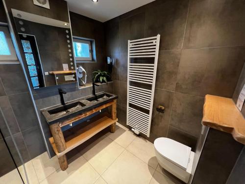 une salle de bain avec un lavabo, des toilettes et un miroir dans l'établissement Holiday Home in Lusignac with Private Pool, cleaning included, à Lusignac