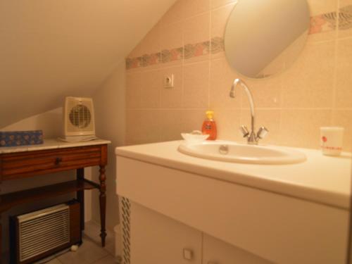 une salle de bain avec un lavabo et un miroir dans l'établissement Cottage in Champagne with Farm Views, cleaning included, à Nouart