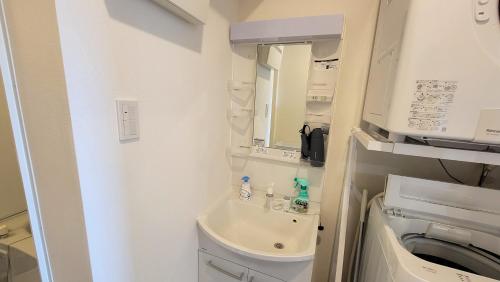 a small bathroom with a sink and a washing machine at Klasse Villa Miyako in Miyako-jima