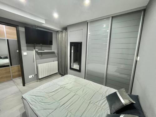 une chambre avec un lit et une télévision à écran plat dans l'établissement Magnifique appartement P3 climatisé avec parking privé - FR-1-716-90, à La Grande Motte