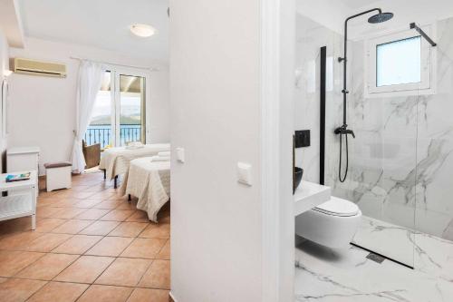 un bagno bianco con wc e doccia di Villa Elia ad Ágios Stéfanos