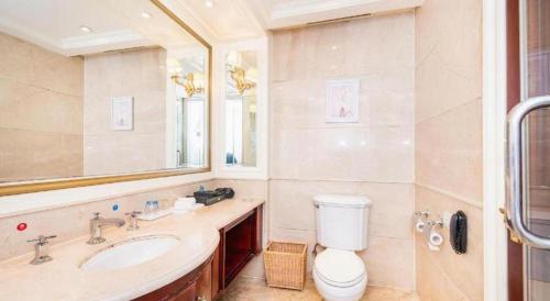 a bathroom with a toilet and a sink and a mirror at Zhengzhou Yiquan International Hotel in Zhengzhou