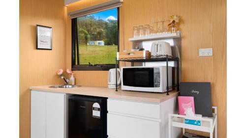 a kitchen with a counter with a microwave and a window at Rae at Lake George Winery by Tiny Away in Collector