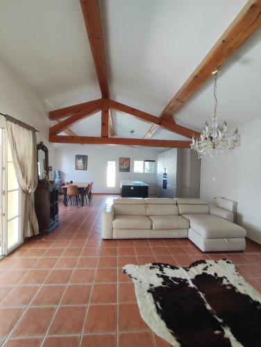 un salon avec un canapé et une salle à manger dans l'établissement Charmante villa proche Uzès, à Saint-Quentin-la-Poterie