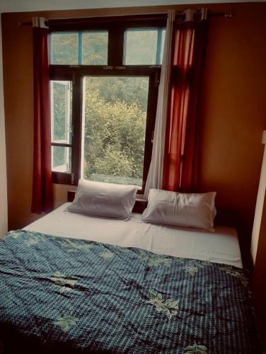 a bed in a room with a window and a bedspread at Nature View Home Stay in Mandi
