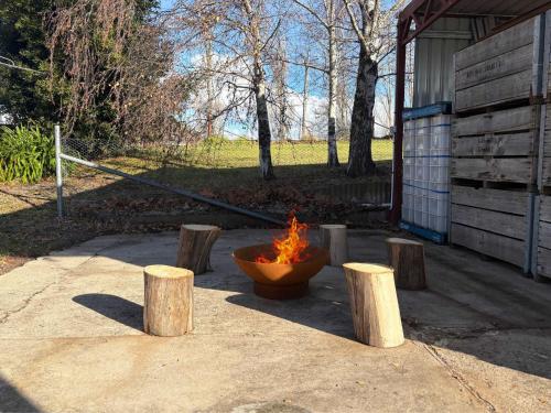 a fire pit in a yard with four logs at Panoramic Views on Pinnacle - 3 Bedroom Farm Stay in Canobolas