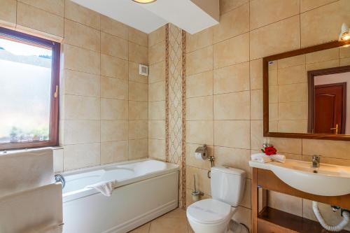 a bathroom with a tub and a toilet and a sink at Pension Pantheon in Poiana Brasov