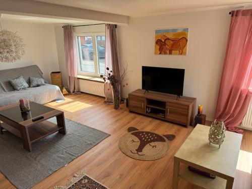 a living room with a couch and a flat screen tv at Ferienwohnung Odenwald Fernblick in Brombachtal