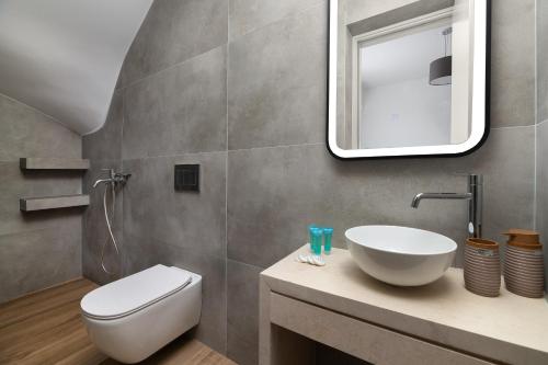 a bathroom with a toilet and a sink and a mirror at Villa Vasaltis & Selestitis in Gennadi