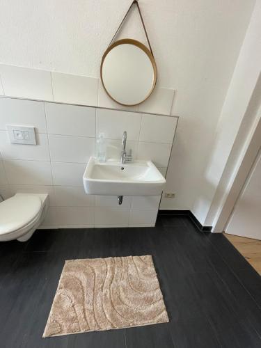 a bathroom with a sink and a mirror on the wall at Schönes Apartment mit Infrarot Sauna und Balkon in Plauen