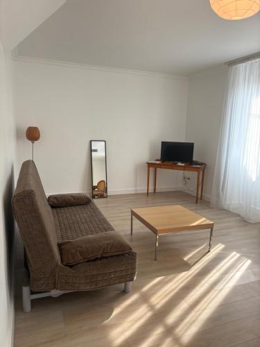 ein Wohnzimmer mit einer Couch und einem Couchtisch in der Unterkunft Villa Médicis Besançon in Besançon