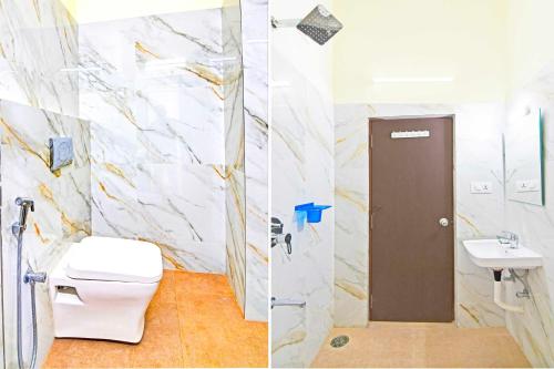 two pictures of a bathroom with a toilet and a sink at Townhouse Oak Dwarakanagar Port Stadium in Maddilapālem