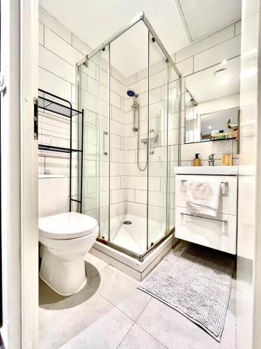 une salle de bain avec toilettes et douche en verre dans l'établissement Duplex Saveria - Terrace - Netflix - Beach, à Nice
