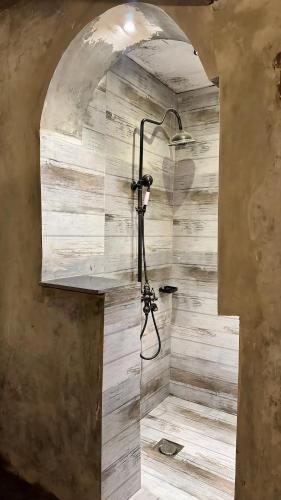 a shower in a bathroom with a stone wall at Royal Serviced Cottages in Murree