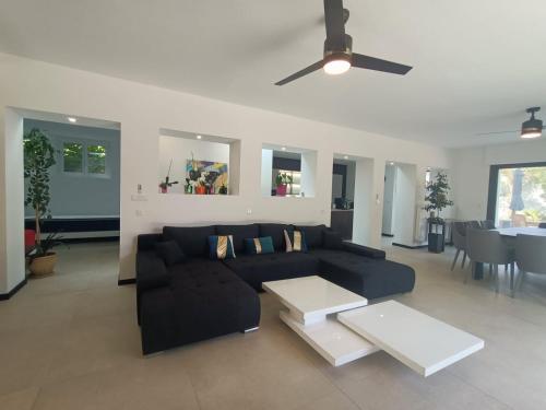 - un salon avec un canapé noir et un ventilateur de plafond dans l'établissement Villa d'Exception à 20m Des Sablettes Plage, Côte d'Azur, à La Seyne-sur-Mer