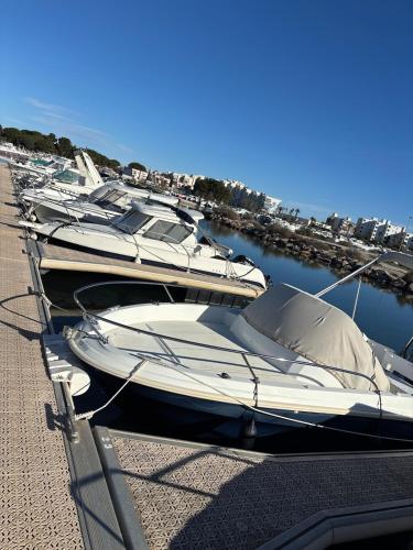 a row of boats are docked in a marina at Docked boat in Le Barcarès