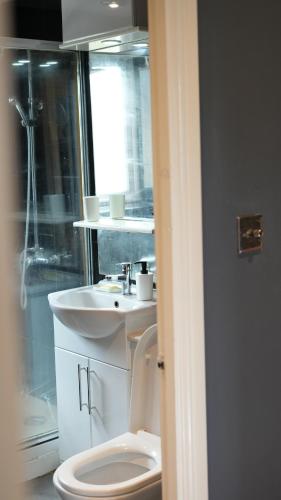 a bathroom with a toilet and a sink at Apartment & Rooms in London in Croydon