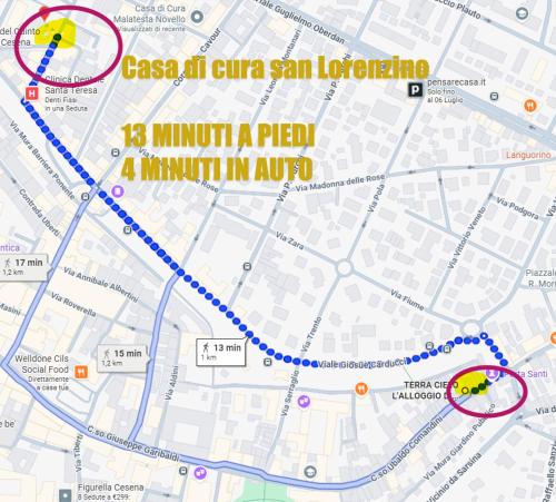 a map of a city with a blue trail at Terra Cielo alloggio di Porta Santi in Cesena