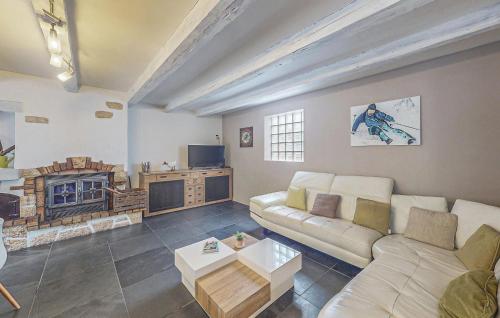 un salon avec un canapé et une cheminée dans l'établissement Maison Vue Sur Les Montagnes, à Aulon