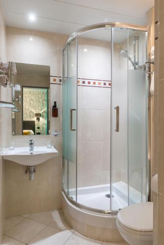 une salle de bain avec une douche, un lavabo et des toilettes dans l'établissement Hotel Elysée Etoile, à Paris