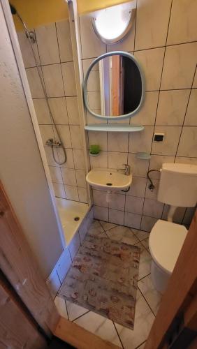 a bathroom with a sink and a toilet and a mirror at Noclegi u Danuty in Groń