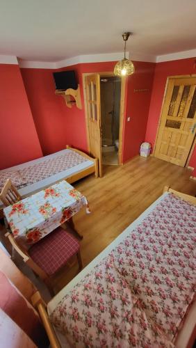two beds in a room with red walls at Noclegi u Danuty in Groń