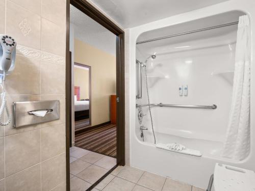 a bathroom with a shower and a walk in shower at Comfort Inn Metro Airport in Romulus