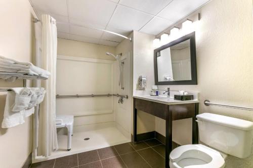 a bathroom with a toilet and a sink and a shower at Sleep Inn & Suites near Sports World Blvd in Gatlinburg