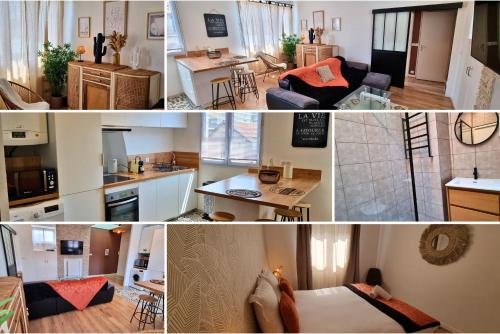 un collage de photos d'une cuisine et d'un salon dans l'établissement Le 42, très bel appartement - Hyper centre - Calme, à Pau
