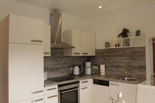 una cocina con armarios blancos y fregadero en Appartment Merle, en Wimbach