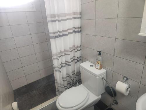 a bathroom with a toilet and a shower curtain at Laertis Studio in Kattavía