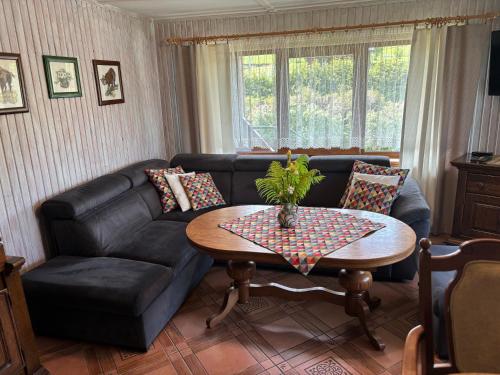 a living room with a couch and a table at Chata Baśka in Baligród