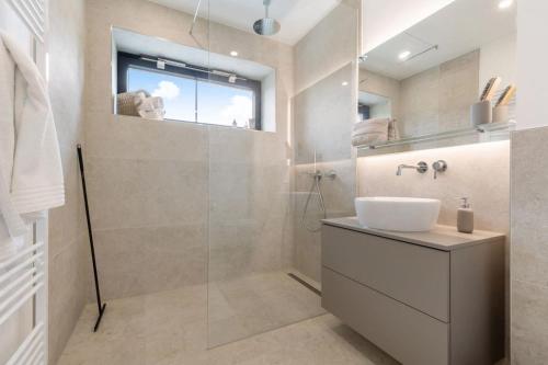 une salle de bain avec un lavabo et une douche en verre dans l'établissement Luxus-Ferienwohnung DS11, à Fehmarn