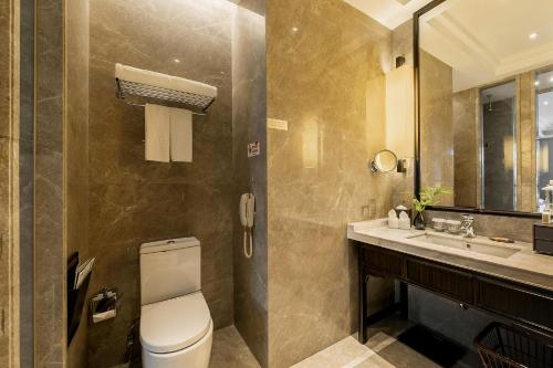 a bathroom with a toilet and a sink at Anji Dingshangyi Hotel in Anji