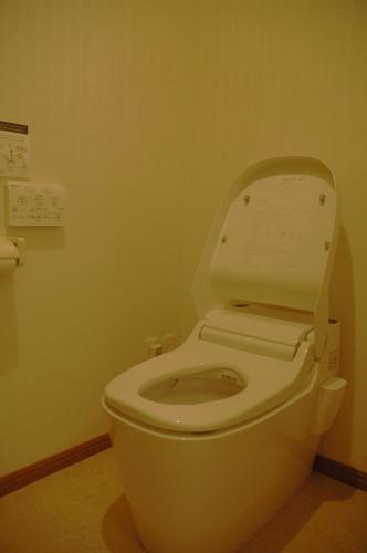 a bathroom with a white toilet with the lid up at くさつのお宿 清重館 Kiyoshigekan 素泊りの宿 in Kusatsu