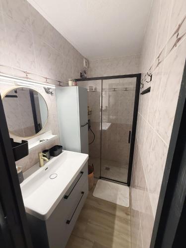 une salle de bain avec un lavabo blanc et une douche dans l'établissement St Cyprien moderne et lumineux rez de jardin, à Saint Cyprien Plage