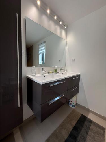 une salle de bain avec un lavabo et un grand miroir dans l'établissement La Cambuse, à Saint-Germain-sur-Ay