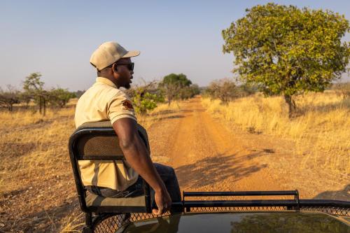 a man sitting in the back of a truck on a dirt road at Rain Tree Camp in Chunga