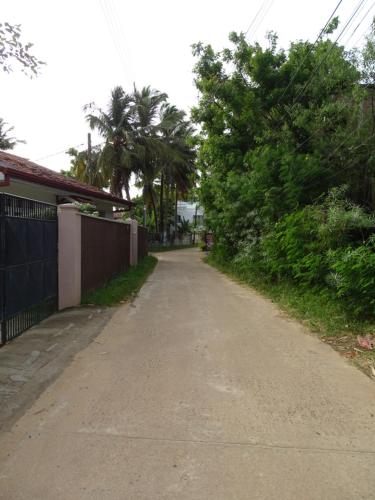 an empty road next to a fence and trees at Ceylon Glory Hostel in Negombo