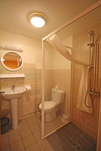 une salle de bain avec une douche, des toilettes et un lavabo dans l'établissement Gîte Les Ribières - gîte n°12, à Les Cars