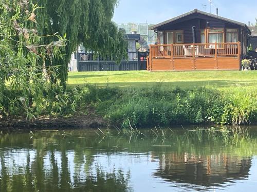 a house next to a lake with a tree at Kingfisher Lodge in Stratford upon Avon in Alveston