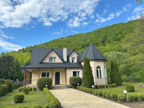una casa con una montaña al fondo en Zamek, en Bukowiec