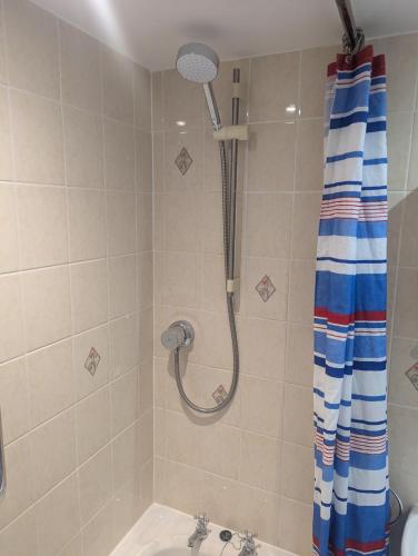 a shower with a blue and white shower curtain in a bathroom at Bowgie at Trewerry Cottages - Away from it all, close to everywhere in Newquay