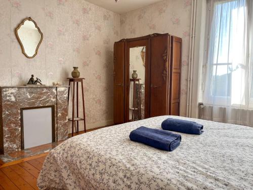 une chambre avec un lit avec deux oreillers bleus dessus dans l'établissement Authentique Maison au coeur de Rocheville, 