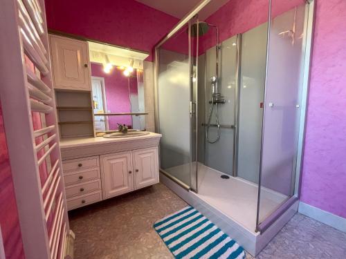 une salle de bain avec douche et lavabo dans l'établissement Authentique Maison au coeur de Rocheville, 